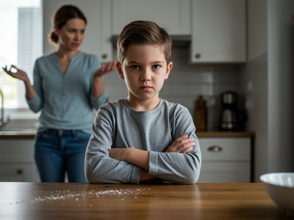 Ärritunud lapsevanem ja käed rinnal poiss köögis